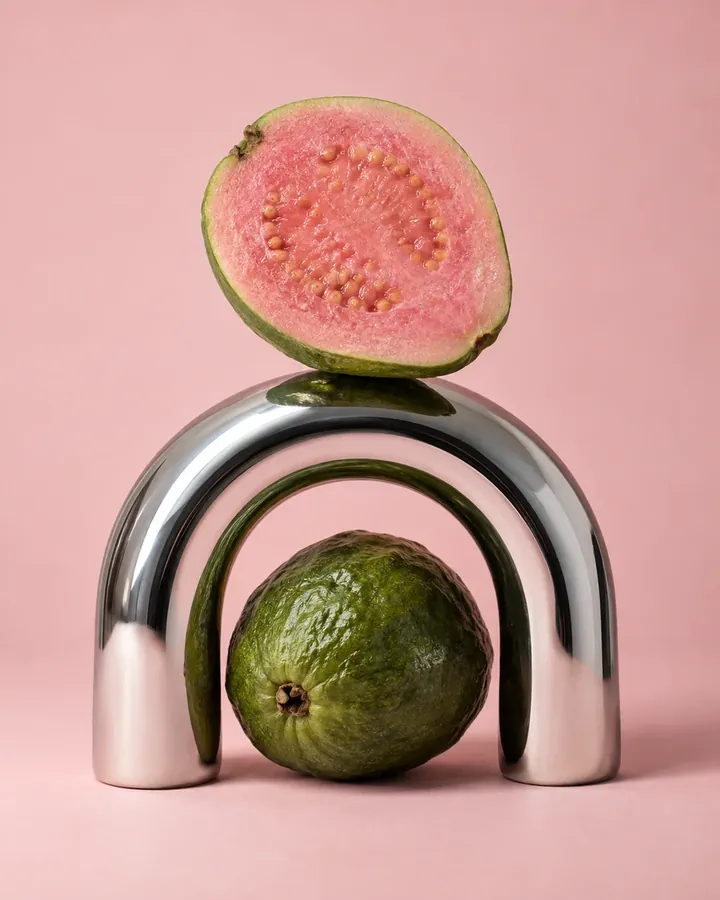 A pink guava half balanced on a polished chrome arch, with a whole green guava beneath.